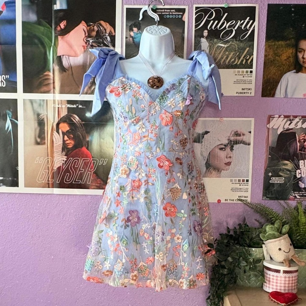 Lulus Blue Floral Embroidered Mesh Mini Dress XS
